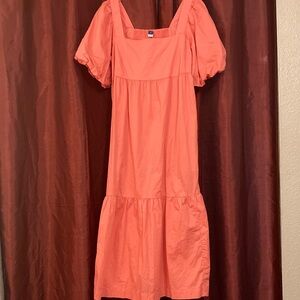 Old Navy Coral Midi Dress with Puff Sleeves